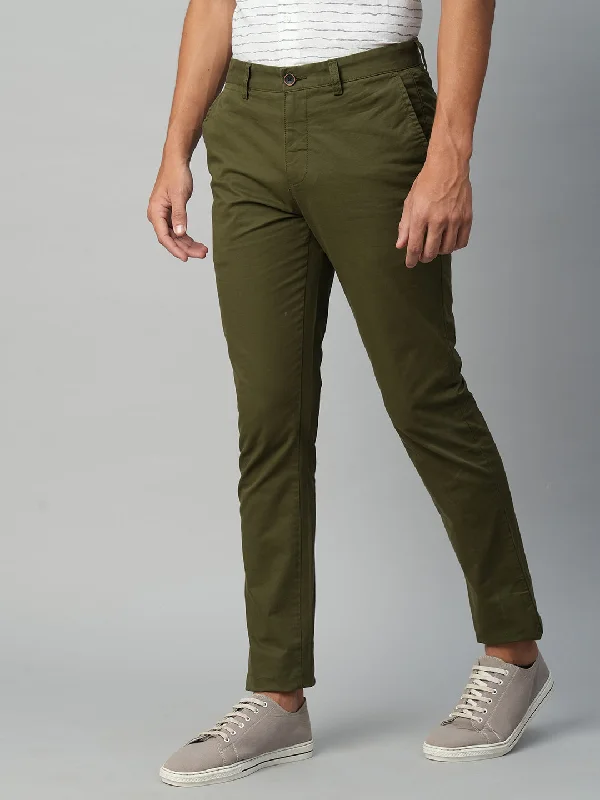 Men's Olive Cotton Lycra Slim Fit Pant