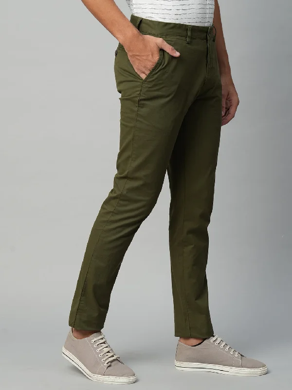 Men's Olive Cotton Lycra Slim Fit Pant