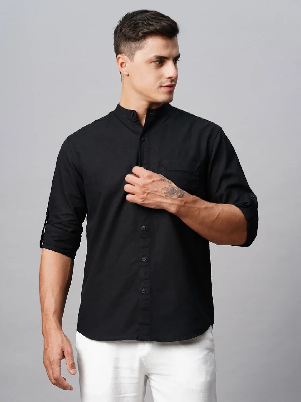 Men's Black Cotton Linen Regular Fit Shirt