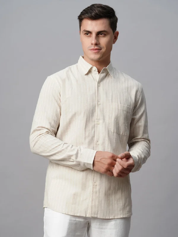 Men's Khaki Linen Cotton Regular Fit Striped Shirt