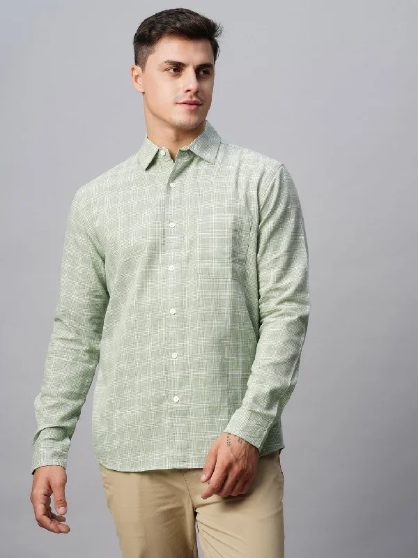 Men's Green Linen Cotton Regular Fit Checked Shirt