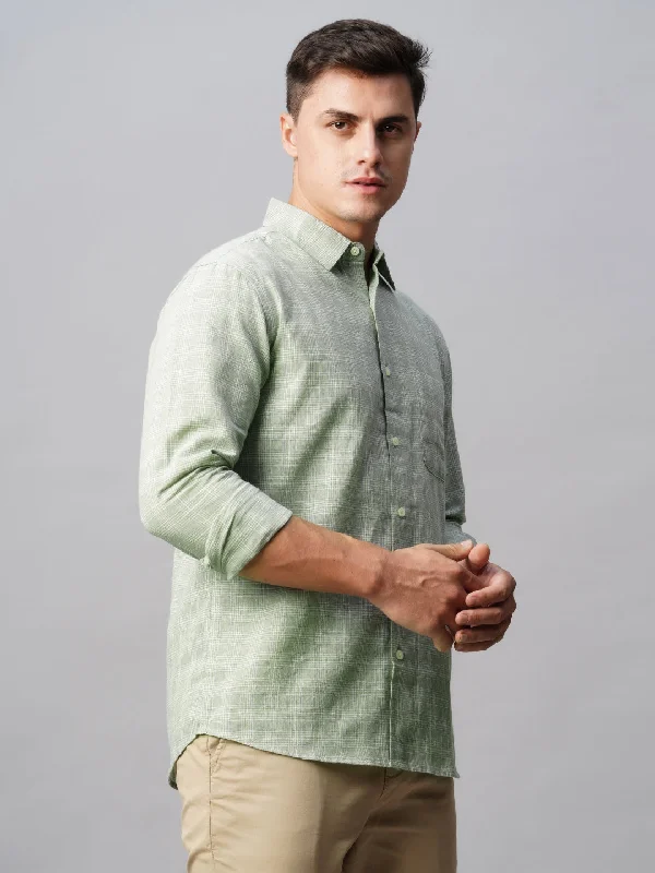 Men's Green Linen Cotton Regular Fit Checked Shirt