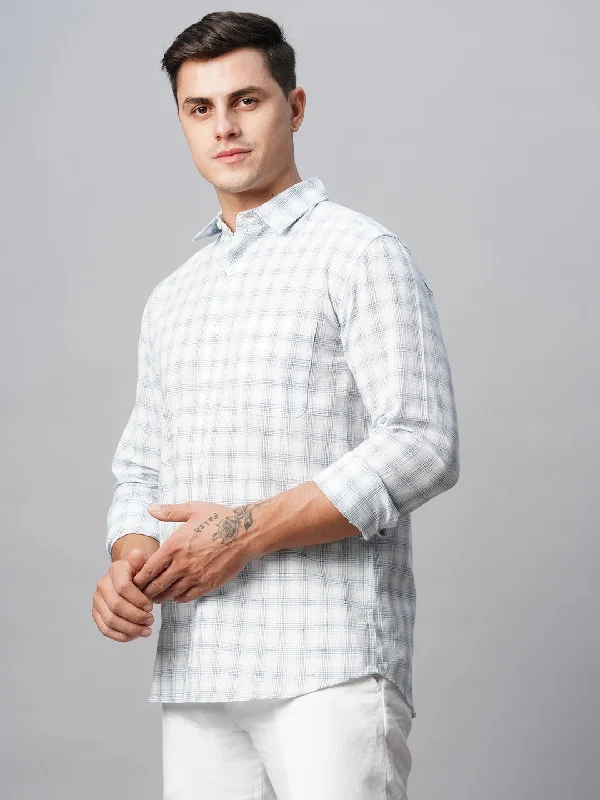 Men's White Linen Cotton Regular Fit Checked Shirt