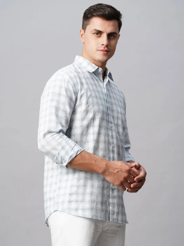 Men's White Linen Cotton Regular Fit Checked Shirt