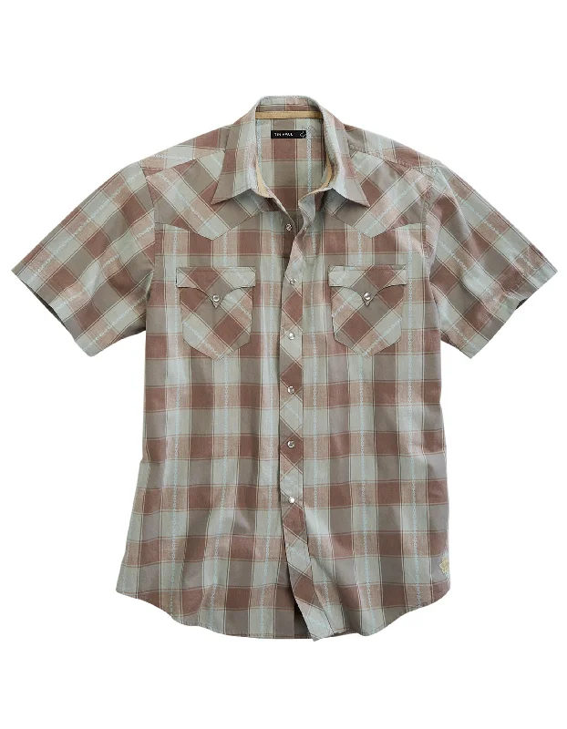 MENS SHORT SLEEVE SNAP SAND CHECK DOBBY WESTERN SHIRT