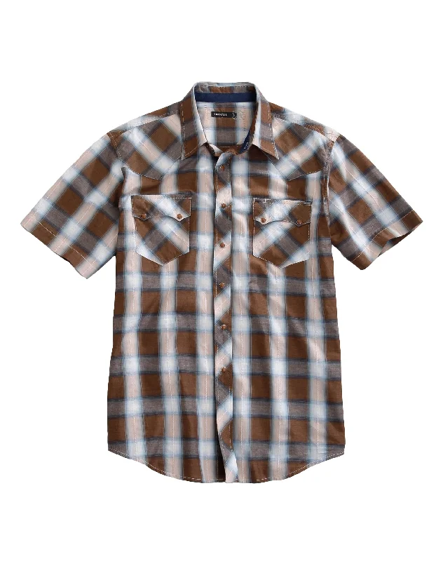 MENS SHORT SLEEVE SNAP SADDLE DOBBY PLAID WESTERN SHIRT