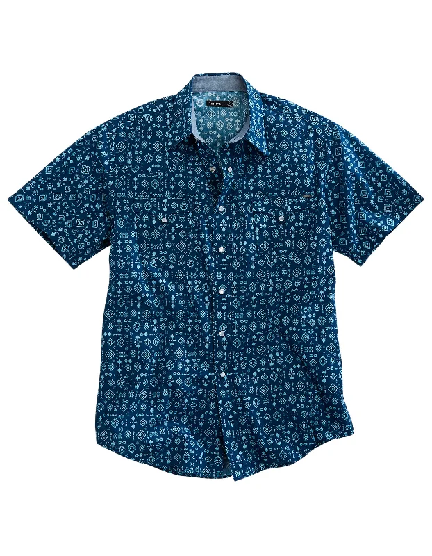 MENS SHORT SLEEVE SNAP INDIGO AZTEC PRINT WESTERN SHIRT