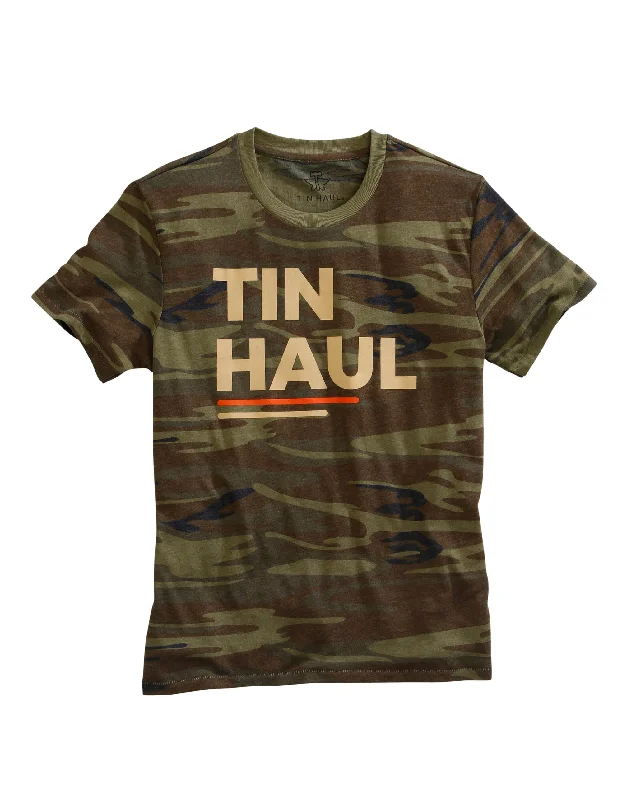 MENS TIN HAUL BLOCK LETTERS SCREEN PRINT CAMO GREEN SHORT SLEEVE T-SHIRT