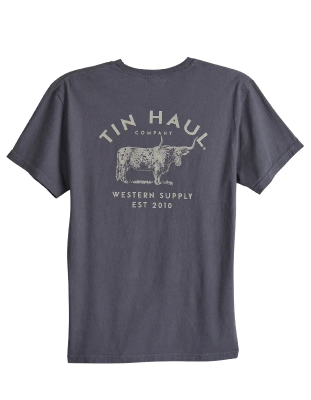 UNISEX SHORT SLEEVE TIN HAUL WESTERN SUPPLY BULL BACK SCREEN T SHIRT HEAVYWEIGHT GRAPHITE  WITH FRONT SCREEN