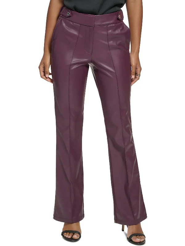 Womens Faux Leather High Rise Flared Pants