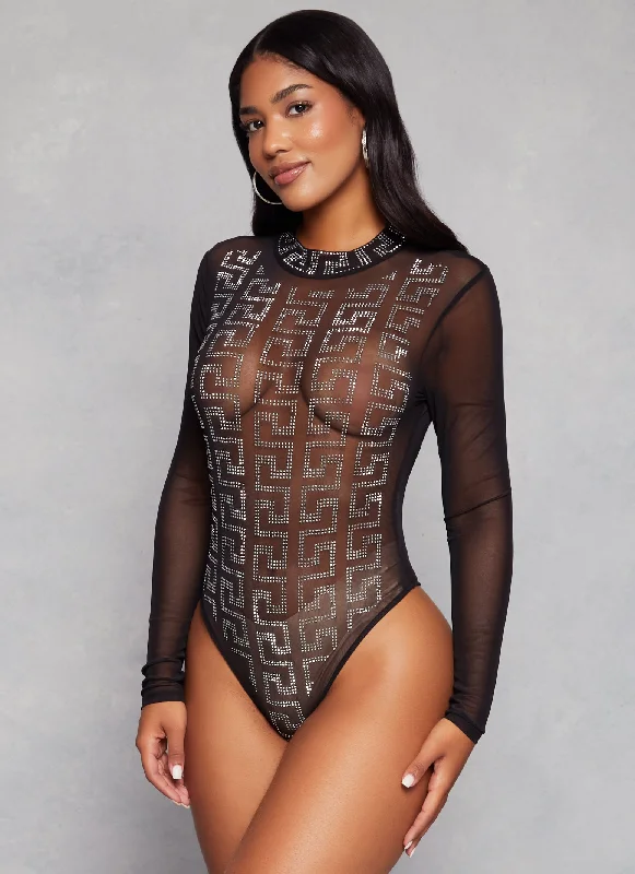 Mesh Greek Key Rhinestone Long Sleeve Bodysuit