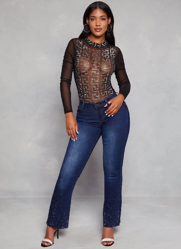 Mesh Greek Key Rhinestone Long Sleeve Bodysuit