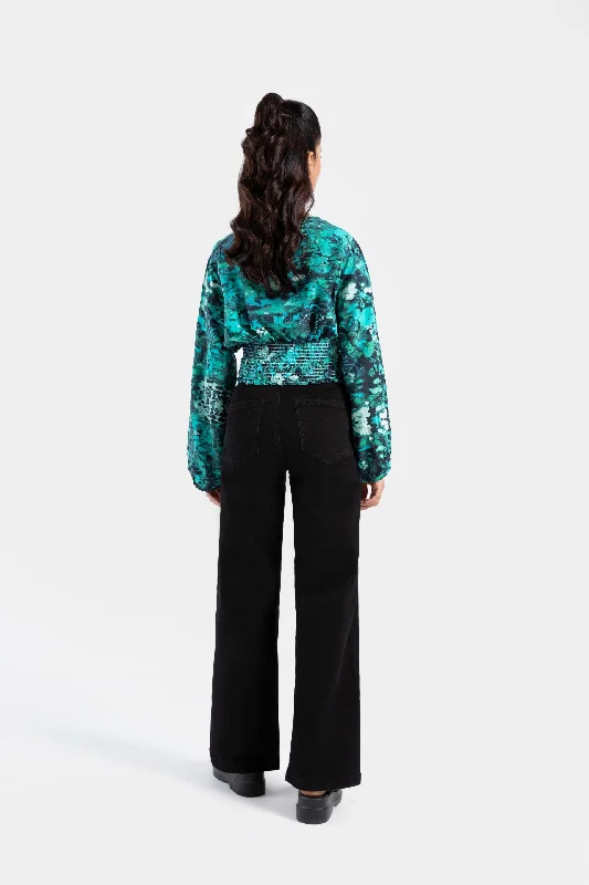 Printed Super Cropped Blouse With Smocking Waist