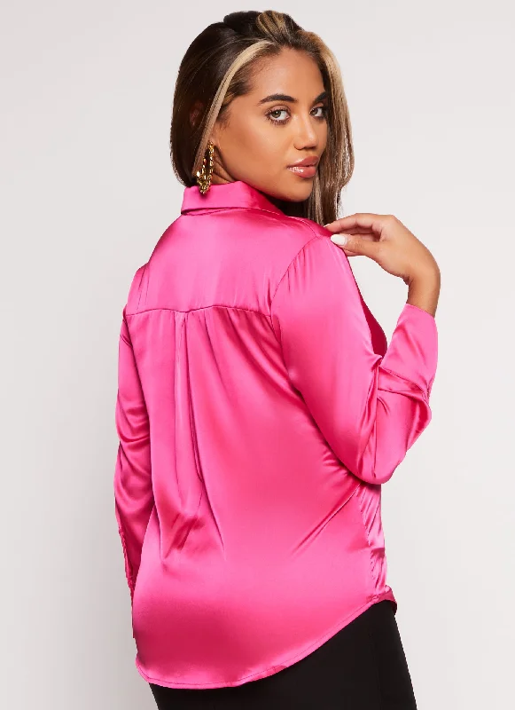 Satin Button Front Long Sleeve Shirt