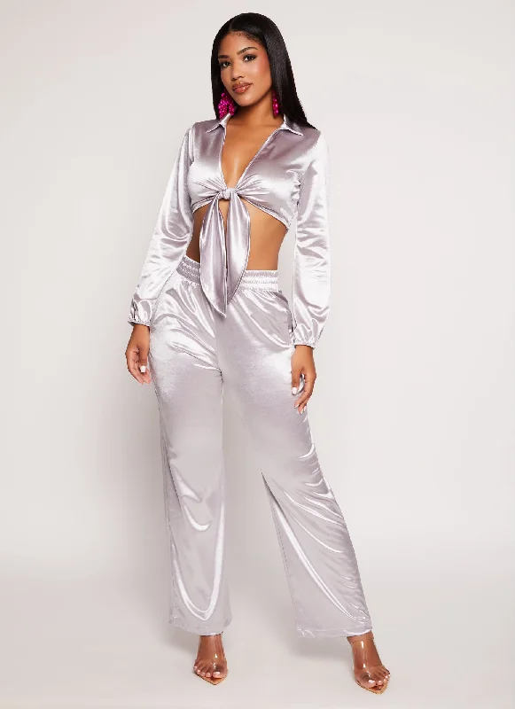 Satin Tie Front Long Sleeve Crop Top