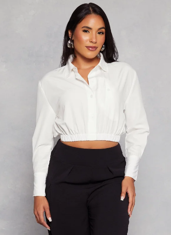 Button Front Cropped Long Sleeve Shirt