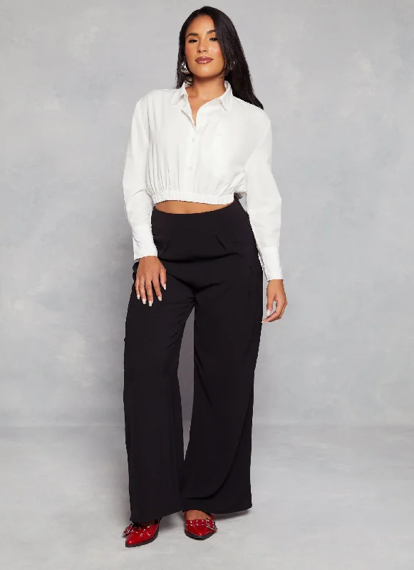 Button Front Cropped Long Sleeve Shirt