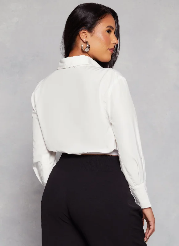 Button Front Cropped Long Sleeve Shirt