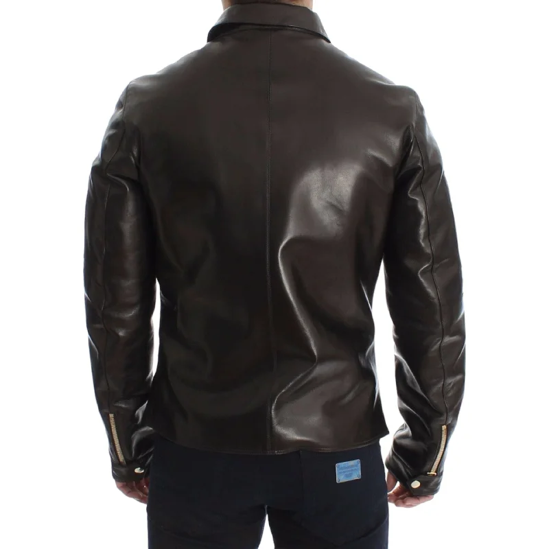 Dolce & Gabbana Elegant Brown Gold-Detailed Leather Jacket