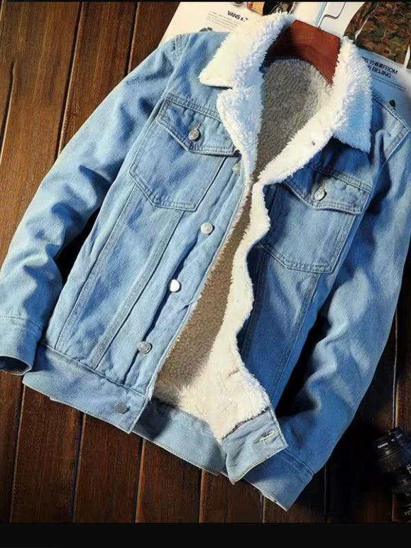 Sherpa Button Fleece Men Winter Denim Jacket