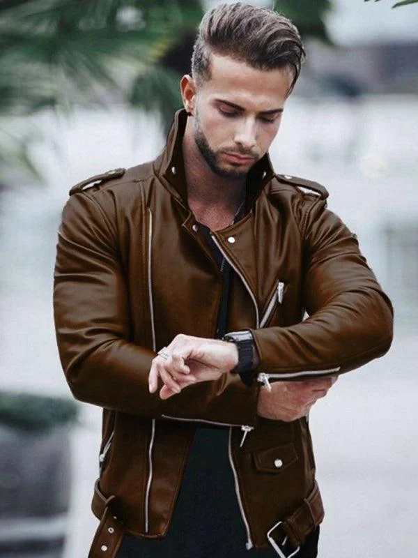 Zipper Men Leather Biker Jacket