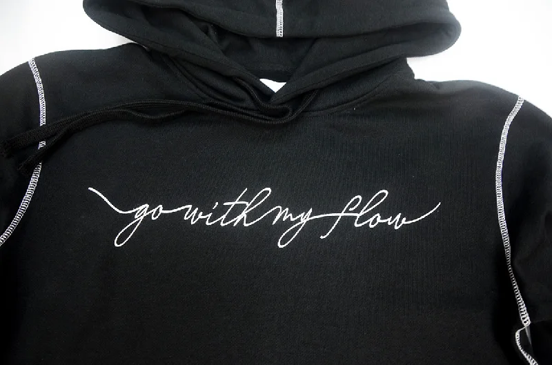 <A 000a001y6d>Fungolia Big Hood Fleece Hoodie - Go With My Flow (Black with White Stitch)