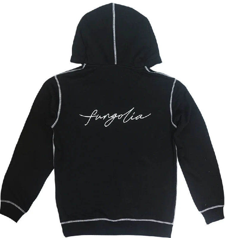 <A 000a001y6d>Fungolia Big Hood Fleece Hoodie - Go With My Flow (Black with White Stitch)