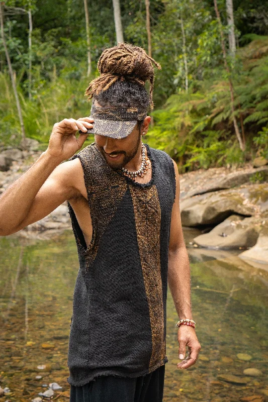 AKAU Black Tank Top Sleeveless Shirt Shipibo Block Printed Handmade Natural Muscle Cotton Shamanic Tribal Festival Ceremony Ritual AJJAYA