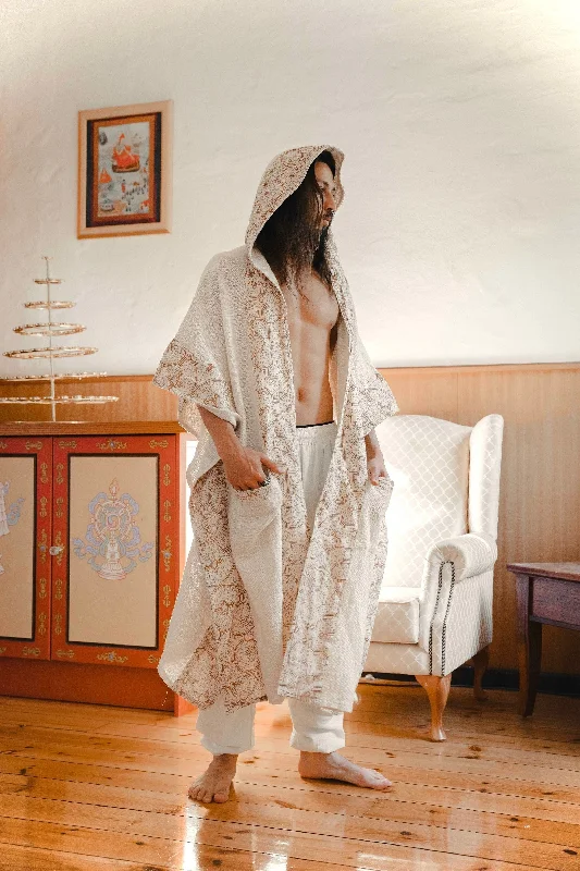 AYAWA Beige Cream Hooded Kimono Cape Poncho Robe Shipibo Sacred Patterns Ceremony Ritual Shaman Tribal Shawl Viking Festival Wrap AJJAYA