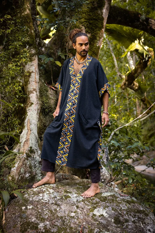 KAFATU Mens Black Kaftan Kurta Top African Tribal Patterns Handmade Robe Natural Cotton with Pockets Ceremony Ritual Festival Boho AJJAYA