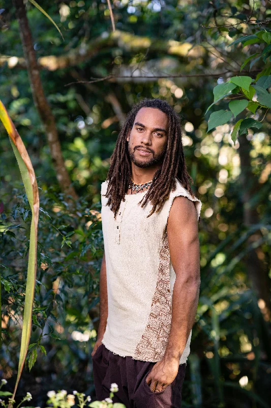 Neo SHIPIBO Beige Mens Gypsy Sleeveless Earthy Top T Shirt, Open Neck Tank Tribal Jungle Primitive Festival Rave AJJAYA Nomadic Primitive